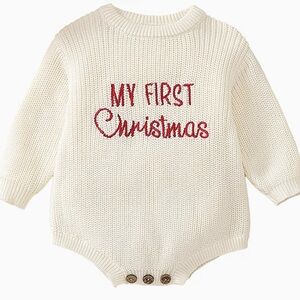 Handmade Christmas Sweater Bodysuit – 12–18M – Cream w/ Red Embroidery 🎄